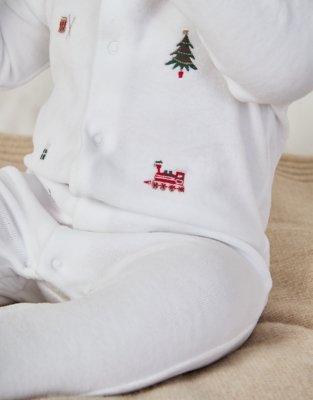 Organic Cotton Velour Embroidered Sleepsuit (0–24mths)