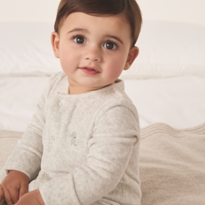 Organic Cotton Velour Kimbo Elephant Embroidered Sleepsuit (0–24mths)