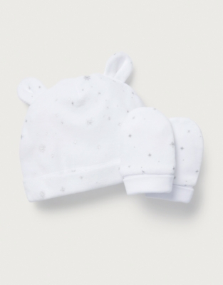 Organic Cotton Velour Snowflakes Hat & Mittens Set (0–12mths)