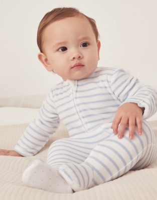 Organic Cotton Velour Stripe Zip Sleepsuit (0–24mths)