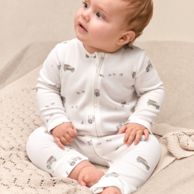Organic Cotton Waffle Tractor Zip Through Sleepsuit (0–24mths)