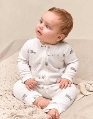 Organic Cotton Waffle Tractor Zip Through Sleepsuit (0–24mths)