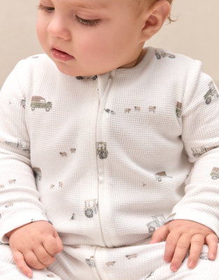Organic Cotton Waffle Tractor Zip Through Sleepsuit (0–24mths)