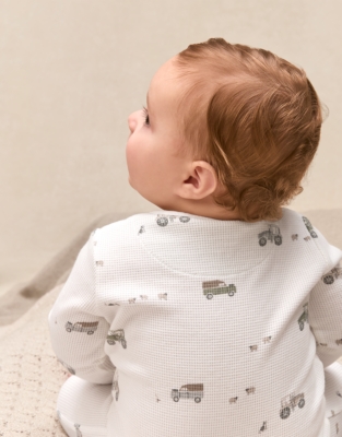 Organic Cotton Waffle Tractor Zip Through Sleepsuit (0–24mths)