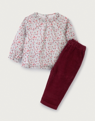 Organic Cotton Winter Berry Blouse & Cord Trousers Set (0–4yrs)