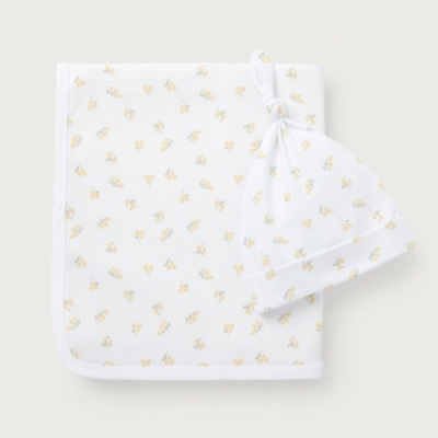 Organic Cotton Yellow Ditsy Floral Reversible Blanket & Hat Set (0–12mths)