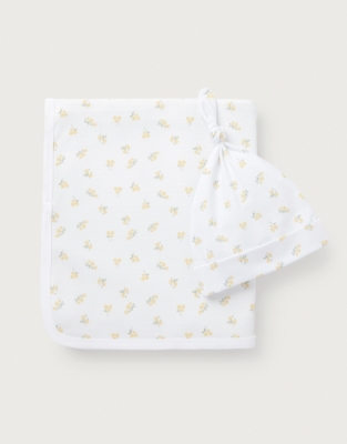 Organic Cotton Yellow Ditsy Floral Reversible Blanket & Hat Set (0–12mths)