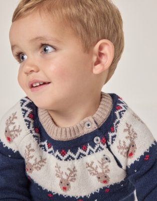 Organic Cotton and Wool Jingles Reindeer Fair Isle Jumper (0–18mths)