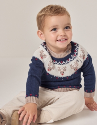 Organic Cotton and Wool Jingles Reindeer Fair Isle Jumper (0–18mths)