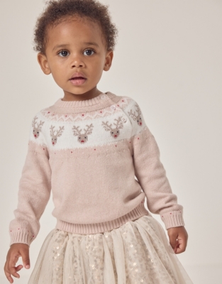 Organic Cotton and Wool Jingles Reindeer Fair Isle Jumper (0–18mths)