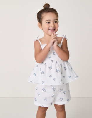 Organic Crinkle Cotton ‘Elodie’ Floral Tie-Shoulder Top & Shorts Set (0–18mths)