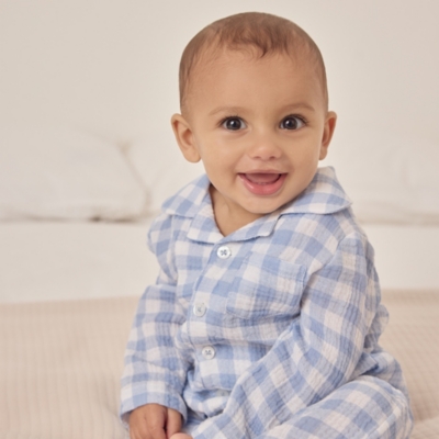 Organic Crinkle Cotton Blue Gingham Sleepsuit (0–24mths)