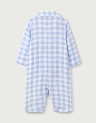 Organic Crinkle Cotton Blue Gingham Sleepsuit (0–24mths)