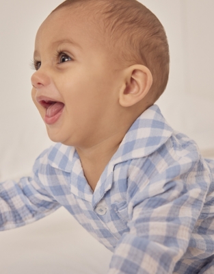 Organic Crinkle Cotton Blue Gingham Sleepsuit (0–24mths)