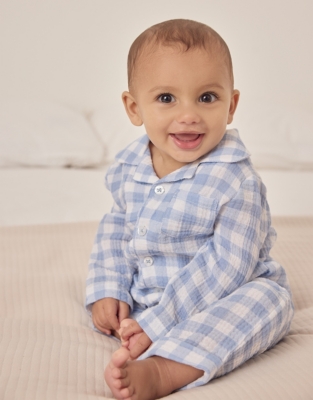 Organic Crinkle Cotton Blue Gingham Sleepsuit (0–24mths)