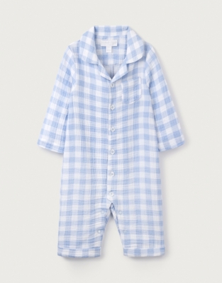 Organic Crinkle Cotton Blue Gingham Sleepsuit (0–24mths)