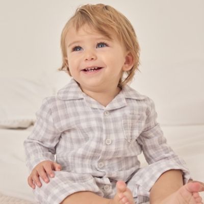 Organic Crinkle Cotton Gray Gingham Sleepsuit (0–9mths)