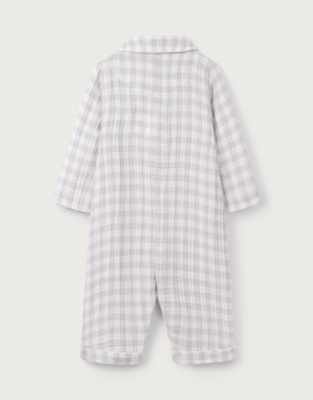 Organic Crinkle Cotton Gray Gingham Sleepsuit (0–9mths)