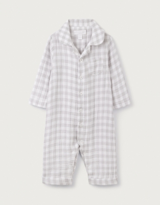 Organic Crinkle Cotton Gray Gingham Sleepsuit (0–9mths)