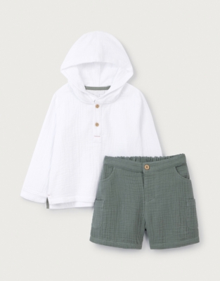 Organic Crinkle Cotton Hoodie & Shorts Set (0–18mths)