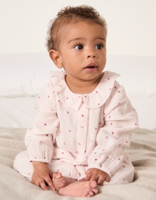 Organic Crinkle Cotton Ines Floral Frill Collar Sleepsuit (0–24mths)