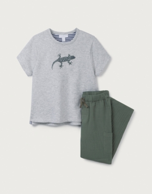 Organic Crinkle Cotton Pants & Gecko Embroidered Top Set (0–18mths)
