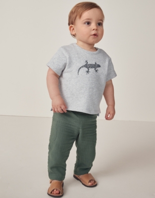 Organic Crinkle Cotton Pants & Gecko Embroidered Top Set (0–18mths)