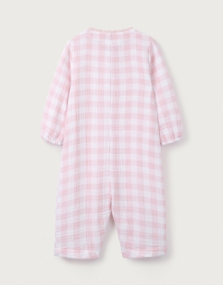Organic Crinkle Cotton Pink Gingham Sleepsuit (0–24mths)