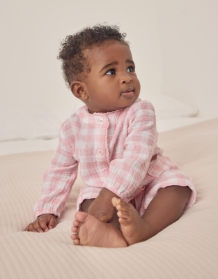 Organic Crinkle Cotton Pink Gingham Sleepsuit (0–24mths)