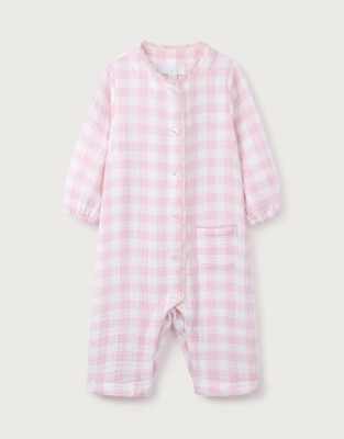 Organic Crinkle Cotton Pink Gingham Sleepsuit (0–24mths)