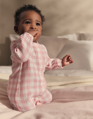 Organic Crinkle Cotton Pink Gingham Sleepsuit (0–24mths)