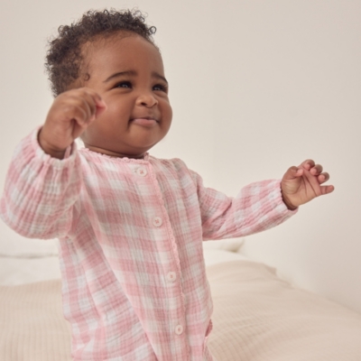 Organic Crinkle Cotton Pink Gingham Sleepsuit (0–9mths)