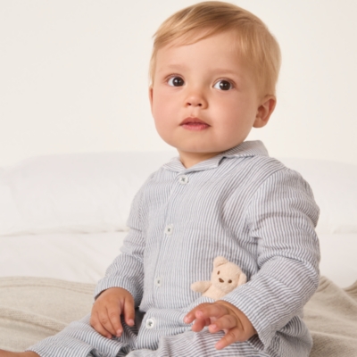 Organic Crinkle Cotton Stripe Bear Toy Classic Sleepsuit (0–24mths)