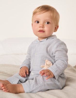 Organic Crinkle Cotton Stripe Bear Toy Classic Sleepsuit (0–24mths)