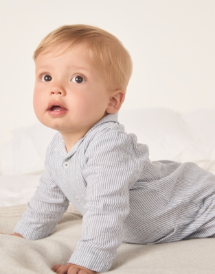 Organic Crinkle Cotton Stripe Bear Toy Classic Sleepsuit (0–24mths)