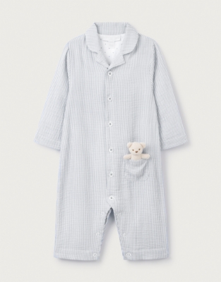 Organic Crinkle Cotton Stripe Bear Toy Classic Sleepsuit (0–24mths)