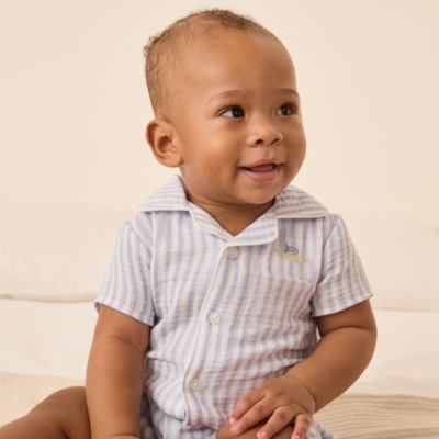 Organic Crinkle Cotton Stripe Crab Embroidered Shortie (0–9mths)