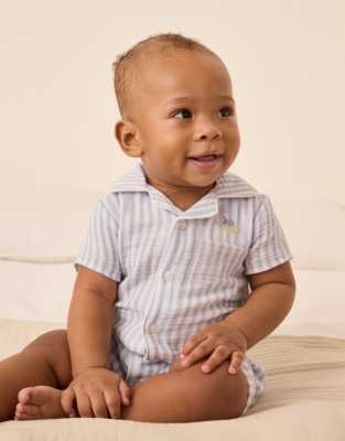 Organic Crinkle Cotton Stripe Crab Embroidered Shortie (0–9mths)