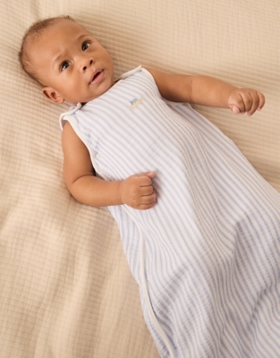 Organic Crinkle Cotton Stripe Crab Embroidered Sleeping Bag – 1 Tog