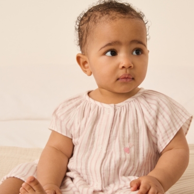 Organic Crinkle Cotton Stripe Heart Embroidered Shortie (0–24mths)
