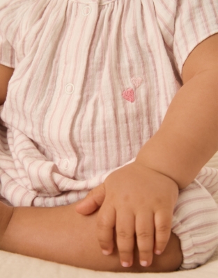 Organic Crinkle Cotton Stripe Heart Embroidered Shortie (0–9mths)
