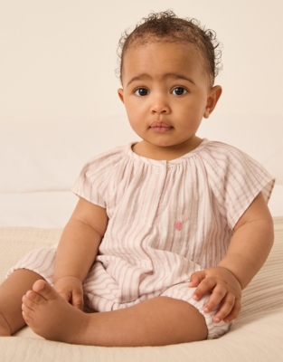 Organic Crinkle Cotton Stripe Heart Embroidered Shortie (0–9mths)