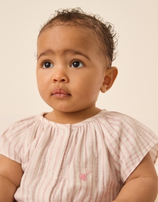 Organic Crinkle Cotton Stripe Heart Embroidered Shortie (0–9mths)