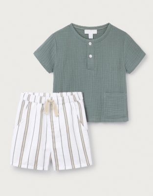 Organic Crinkle Cotton T-Shirt & Striped Shorts Set (0–18mths)