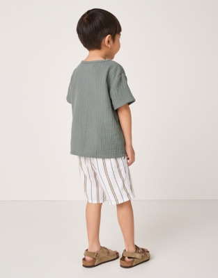 Organic Crinkle Cotton T-Shirt & Striped Shorts Set (18mths–6yrs)
