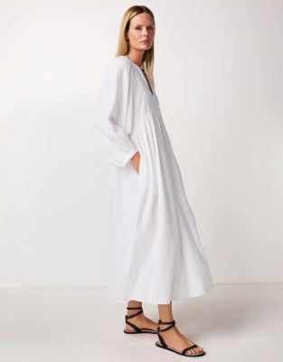 Organic Double Cotton Bib Detail Midi Dress