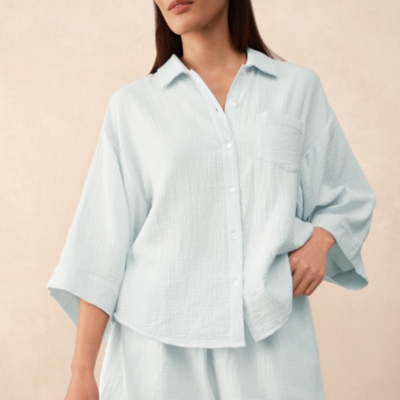 Organic Double Cotton Boxy Button Through Shortie Pyjama Set