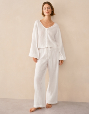 Organic Double Cotton Gauze Boho Pyjama Set  - White