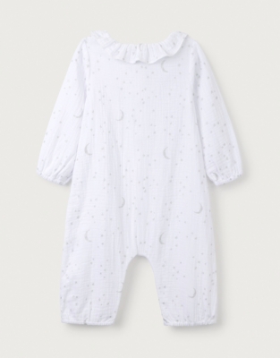 Organic Double Cotton Sparkle Moon & Stars Frill Collar Sleepsuit (0–24mths)