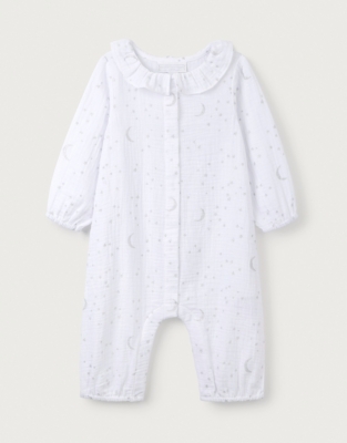 Organic Double Cotton Sparkle Moon & Stars Frill Collar Sleepsuit (0–24mths)